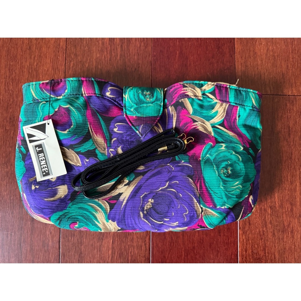 J. Renee Vintage Floral Clutch Bag Purple Teal Rose Evening Bag with Strap NWT